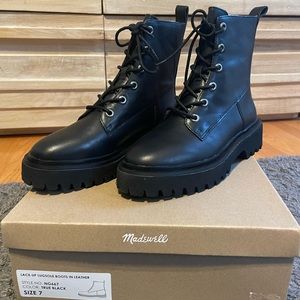 Madewell The Rayna Lace-Up Boot in Leather True Black Brand New